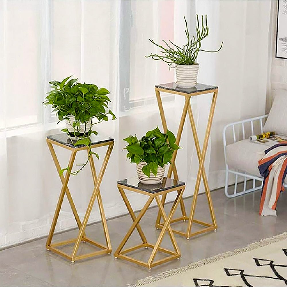 Premium Metal Planter Stand With Black Marble At Top (Set of 3) - Decor Smart