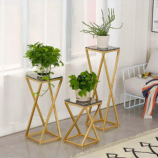 Premium Metal Planter Stand With Black Marble At Top (Set of 3) - Decor Smart