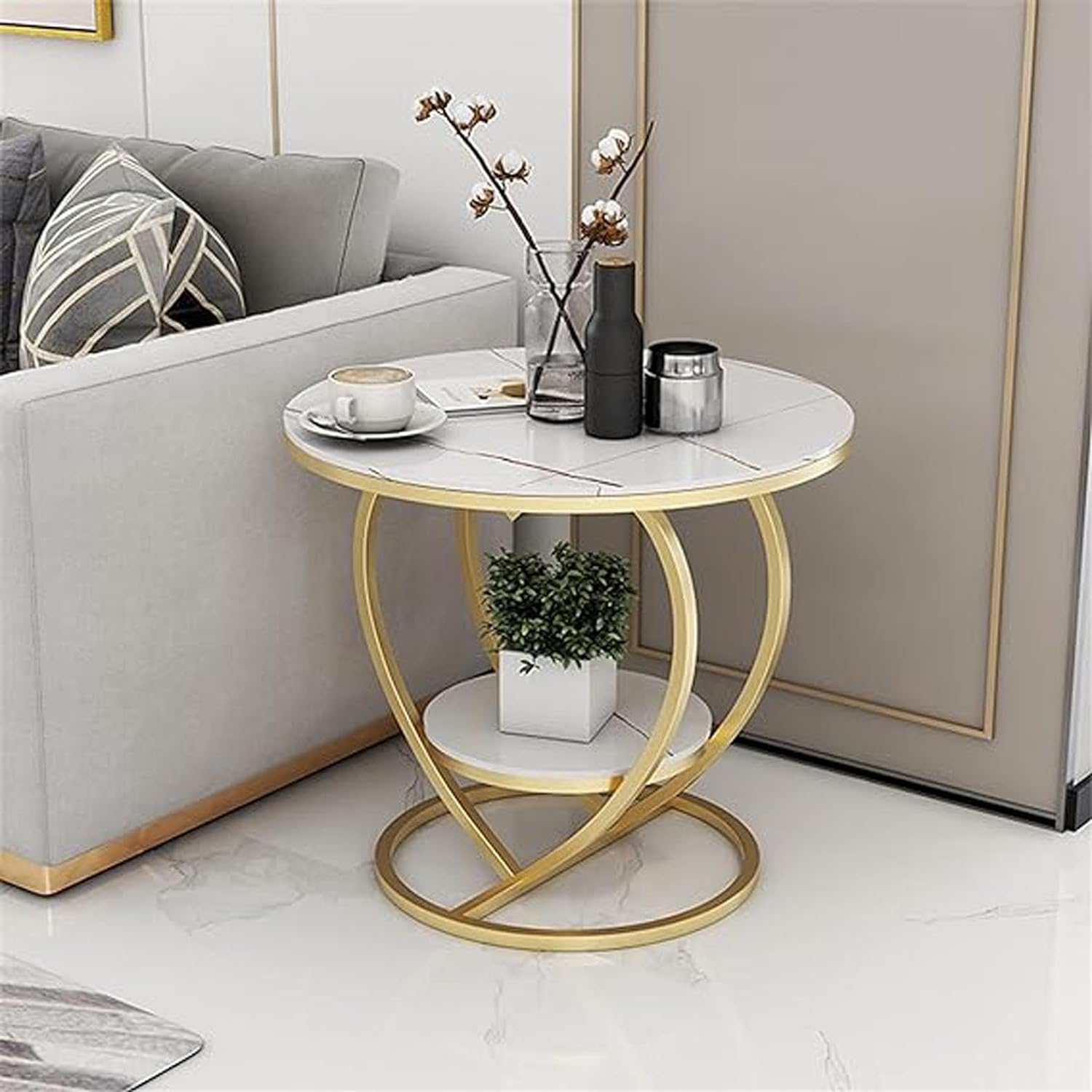 Premium Modern Heart Shaped Golden Metal Finish with White Marble Night Stand Side Table - Decor Smart