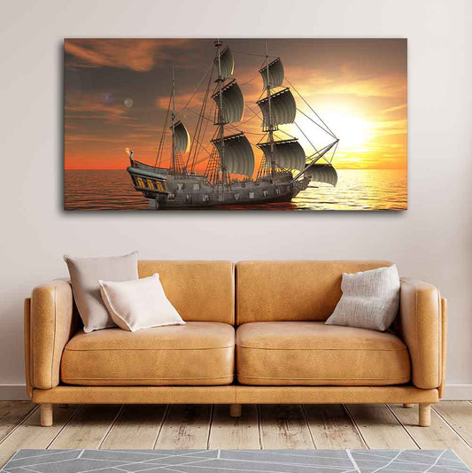 Premium Wall Painting of 3D Sailing Ship in Sunset - Decor Smart