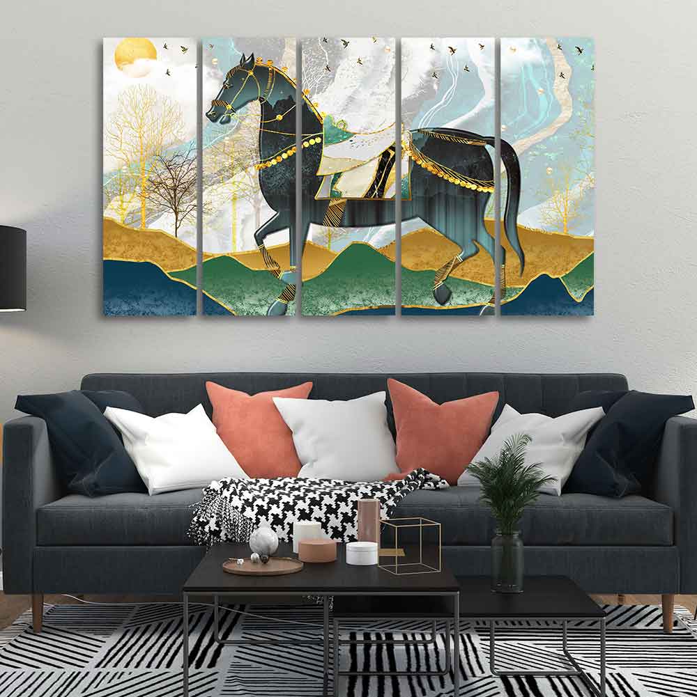 Premium Wall Painting of Horse and Golden trees with Colored Mountains of Five Pieces - Decor Smart