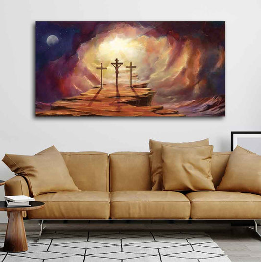 Premium Wall Painting of Jesus Cross with Moon Dark Background - Decor Smart