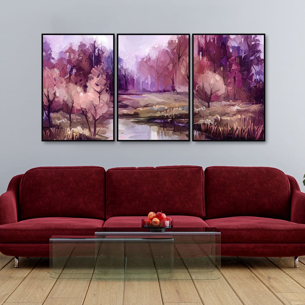 Purple Lake in Forest Premium Floating Wall Painting Set of Three - Decor Smart