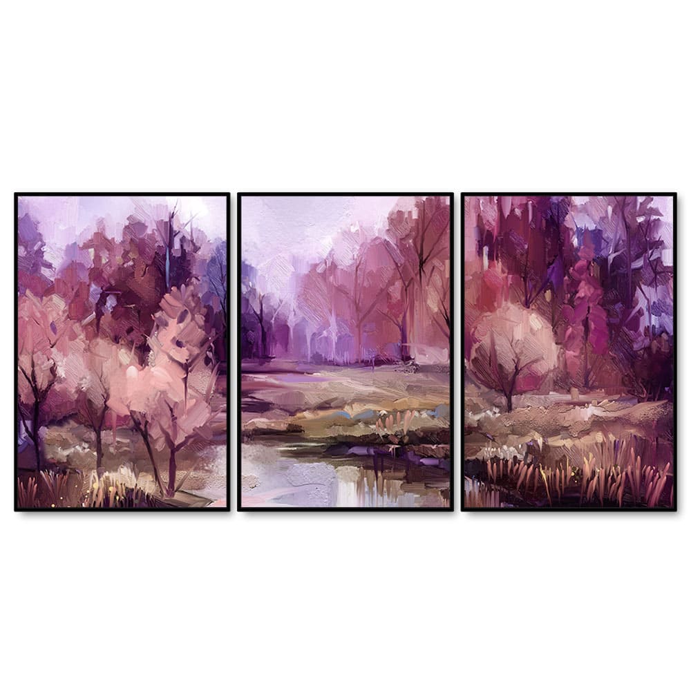 Purple Lake in Forest Premium Floating Wall Painting Set of Three - Decor Smart