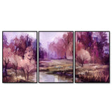 Purple Lake in Forest Premium Floating Wall Painting Set of Three - Decor Smart