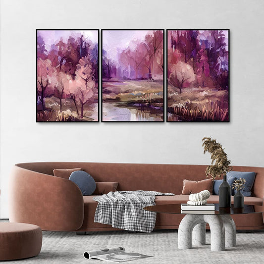 Purple Lake in Forest Premium Floating Wall Painting Set of Three - Decor Smart