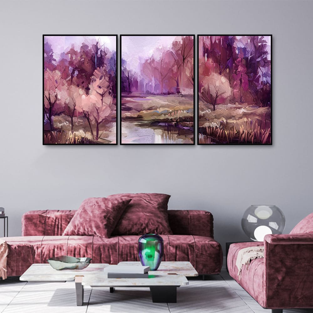 Purple Lake in Forest Premium Floating Wall Painting Set of Three - Decor Smart