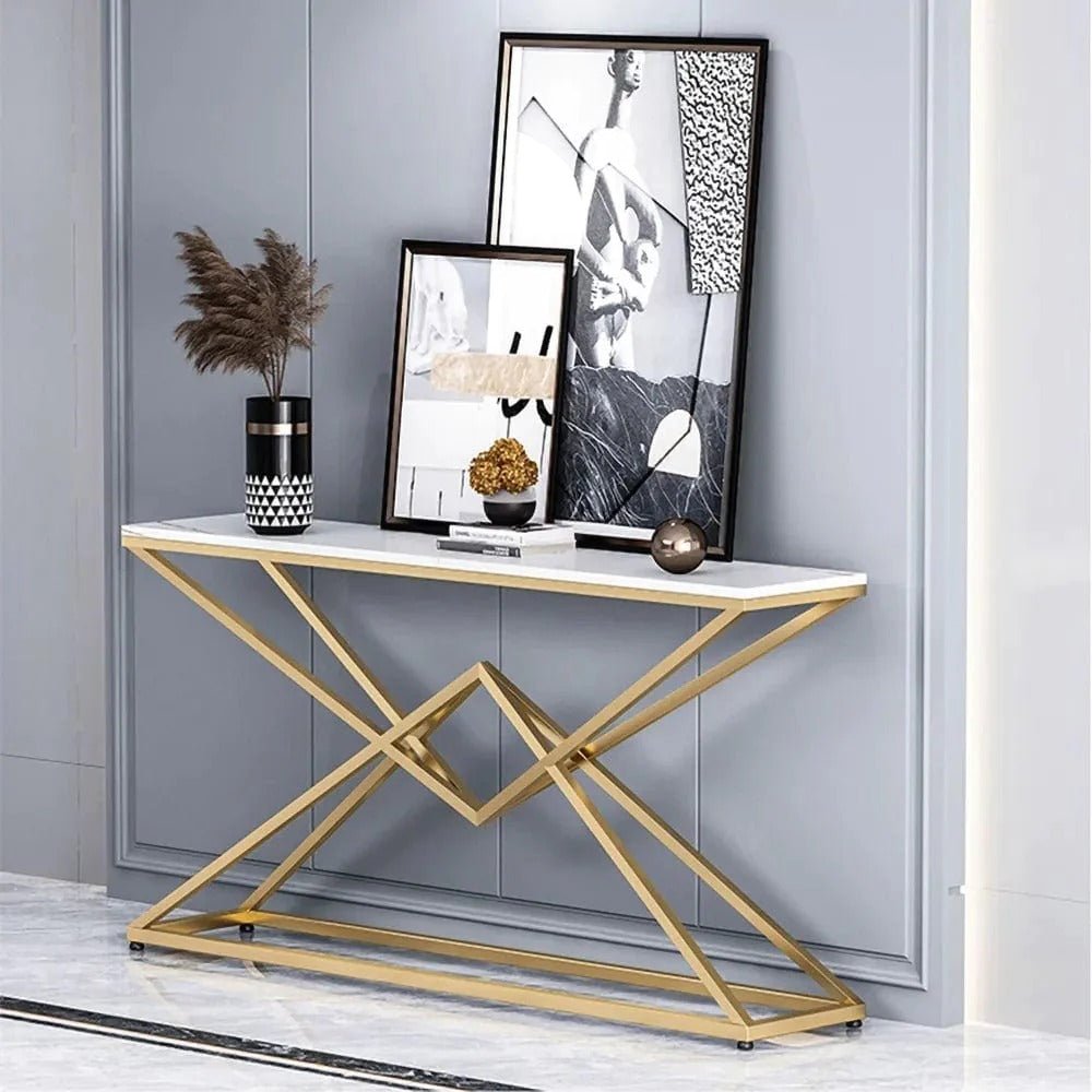 Pyramid Design Console Marble Table Golden Metal Finish - Decor Smart
