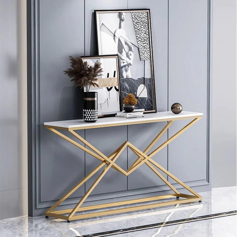 Pyramid Design Console Marble Table Golden Metal Finish - Decor Smart