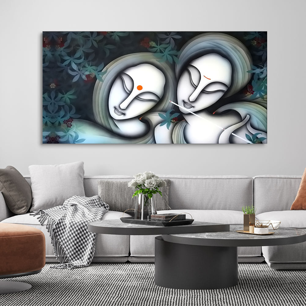 Radha Krishna Modern Grey Textured Canvas Wall Painting - Decor Smart