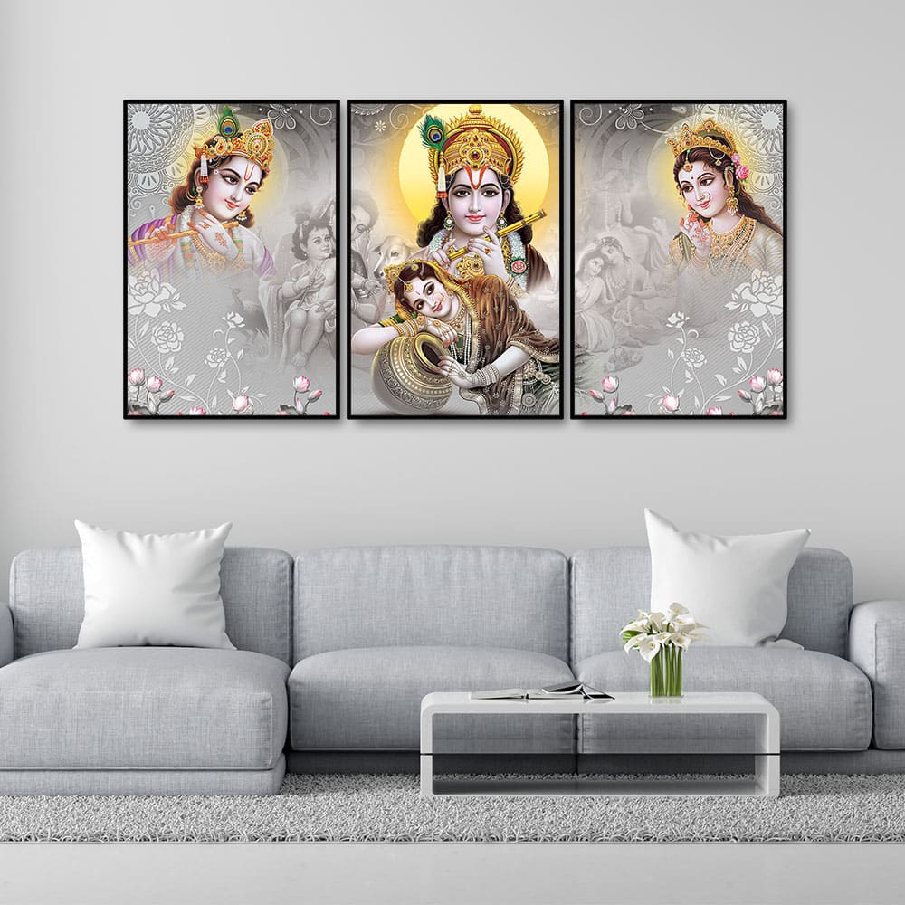 Radha Krishna Premium Floating Canvas Wall Painting Set of Three - Decor Smart
