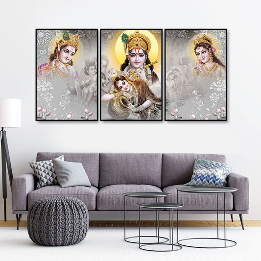 Radha Krishna Premium Floating Canvas Wall Painting Set of Three - Decor Smart