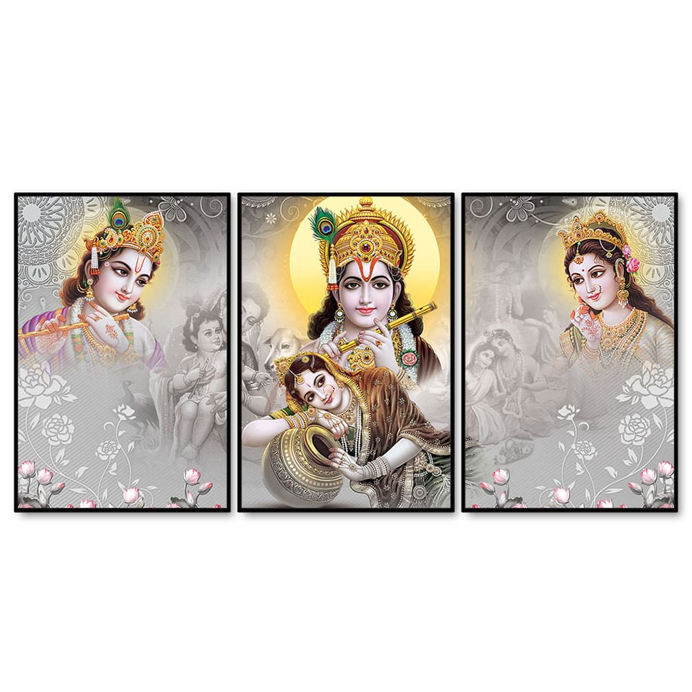 Radha Krishna Premium Floating Canvas Wall Painting Set of Three - Decor Smart