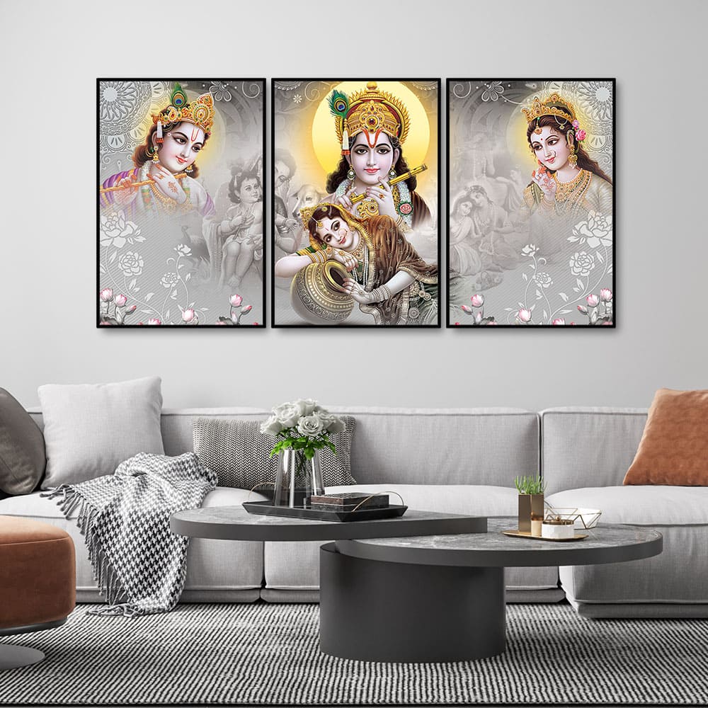 Radha Krishna Premium Floating Canvas Wall Painting Set of Three - Decor Smart