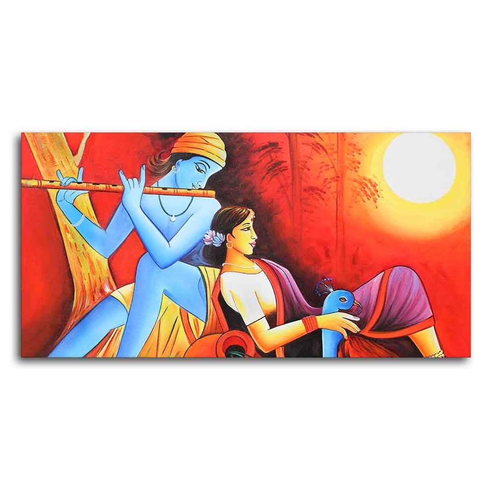 Radha Krishna With Flute Canvas Wall Painting - Decor Smart
