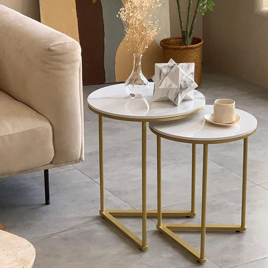 Round Shape Iron Stand Side Marble Table Set of 2 - Decor Smart
