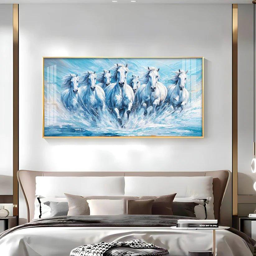 Running Horses Art in River Premium Acrylic Floating Wall Painting - Decor Smart
