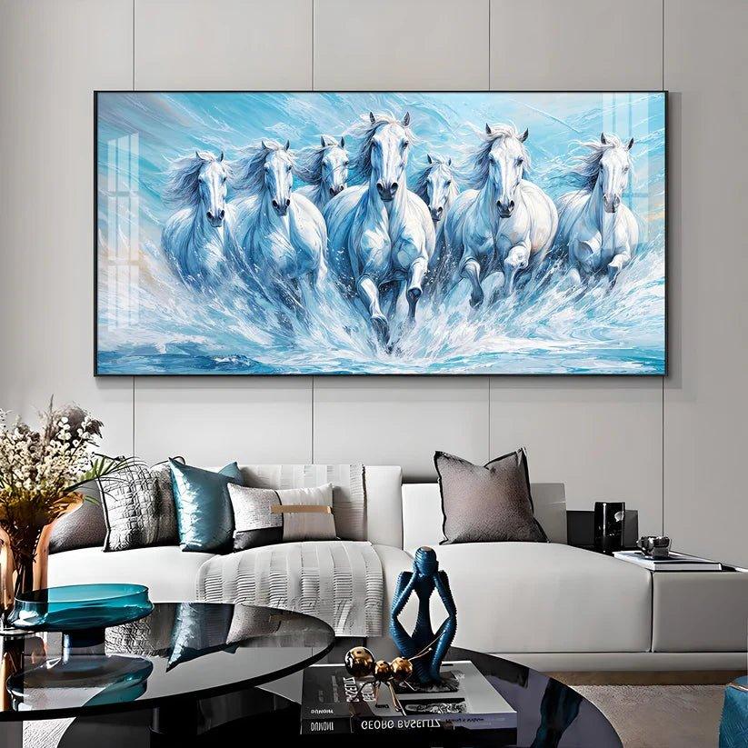 Running Horses Art in River Premium Acrylic Floating Wall Painting - Decor Smart