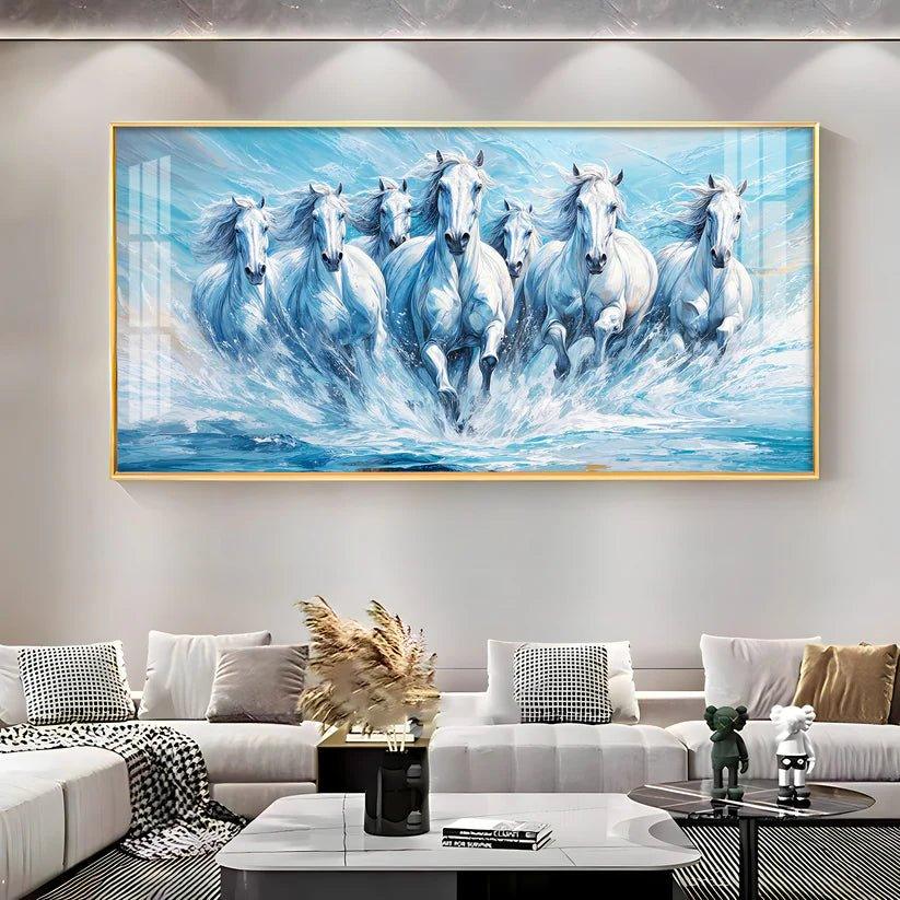 Running Horses Art in River Premium Acrylic Floating Wall Painting - Decor Smart