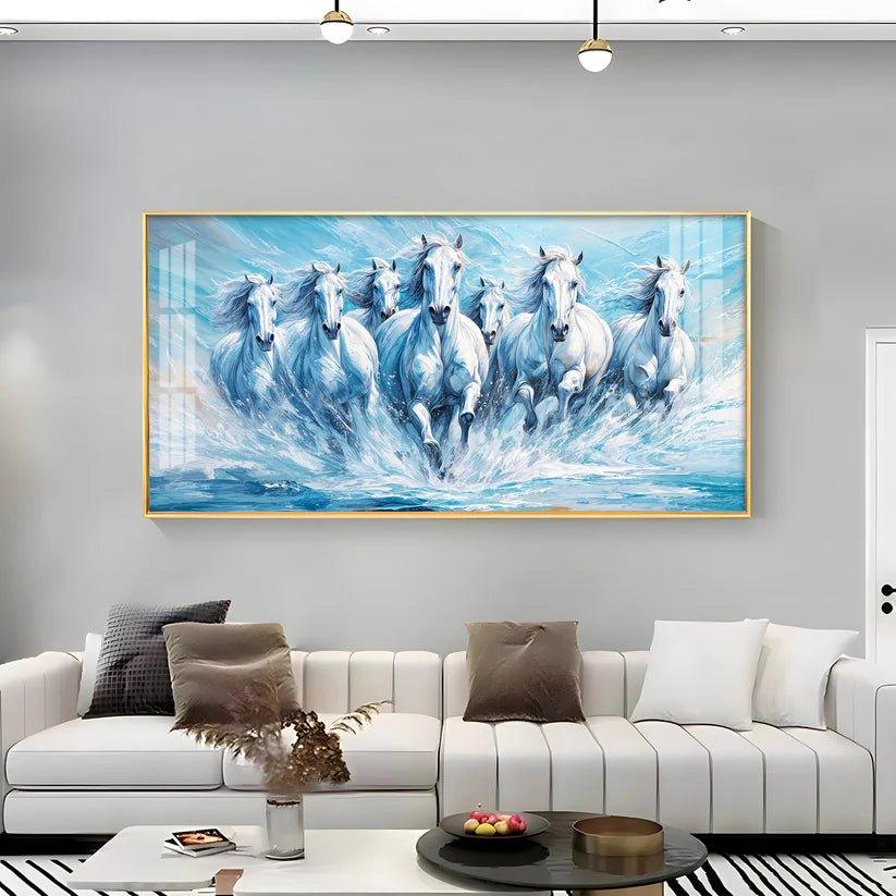 Running Horses Art in River Premium Acrylic Floating Wall Painting - Decor Smart