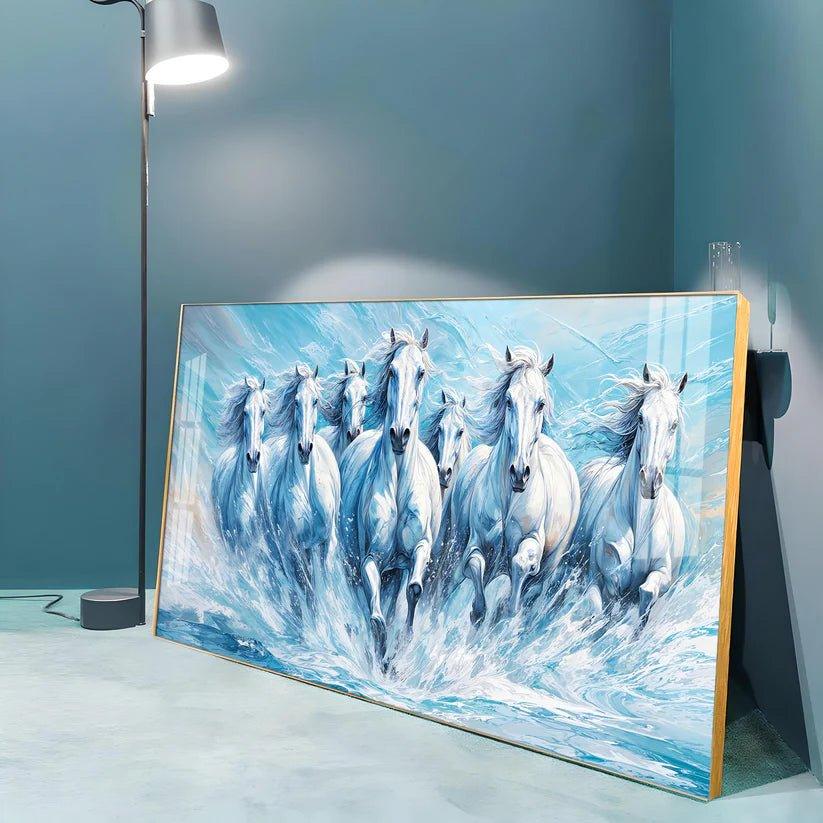 Running Horses Art in River Premium Acrylic Floating Wall Painting - Decor Smart