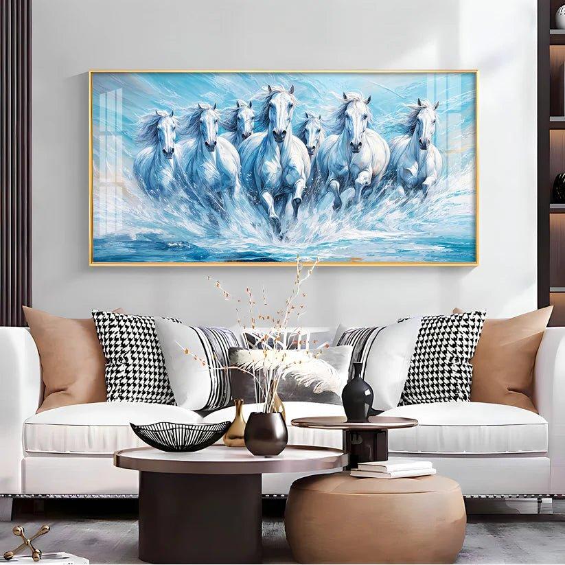 Running Horses Art in River Premium Acrylic Floating Wall Painting - Decor Smart