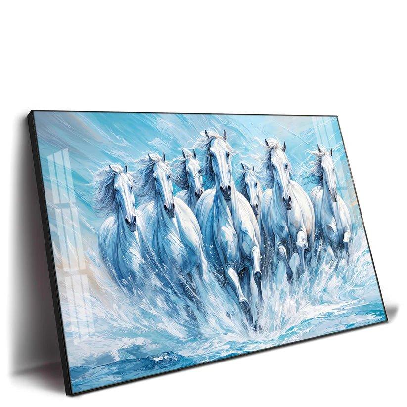 Running Horses Art in River Premium Acrylic Floating Wall Painting - Decor Smart