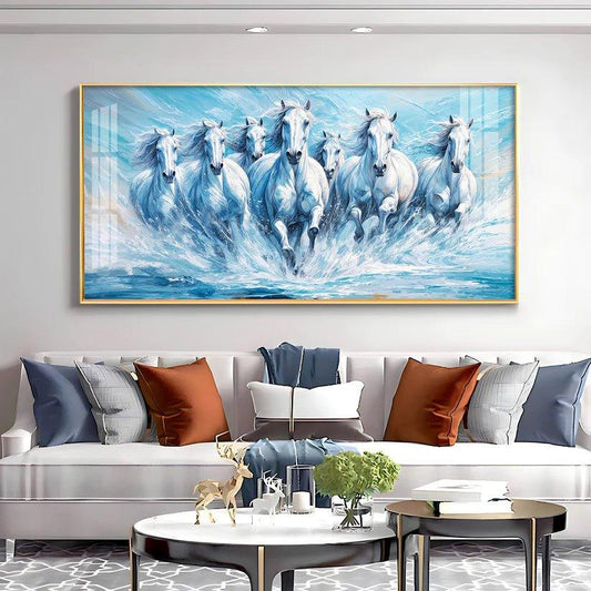Running Horses Art in River Premium Acrylic Floating Wall Painting - Decor Smart