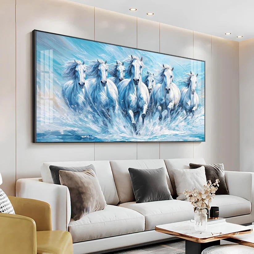 Running Horses Art in River Premium Acrylic Floating Wall Painting - Decor Smart