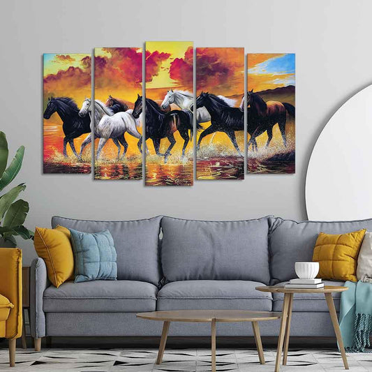 Running Seven Horses Wall Painting of Five Pieces - Decor Smart