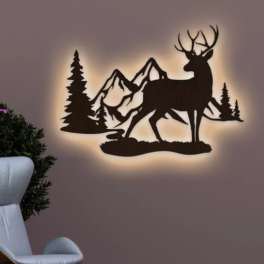 Rustic Forest Deer Backlit Wooden Wall Decor with LED Night Light Walnut Finish - Decor Smart