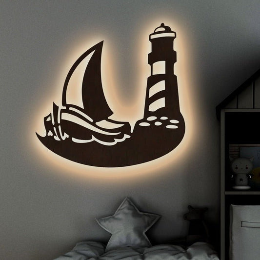 Sailboat Lighthouse Backlit Wooden Wall Decor with LED Night Light Walnut Finish - Decor Smart