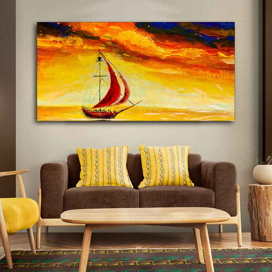 Sailing Ship with Red Sails with Yellow Sea Background Wall Painting - Decor Smart