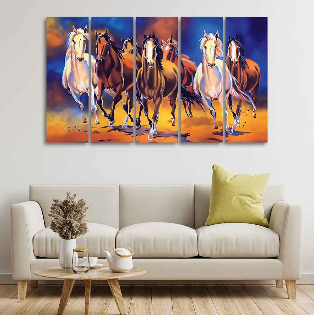 Seven Horses Five Pieces Premium Canvas Bedroom Wall Painting - Decor Smart