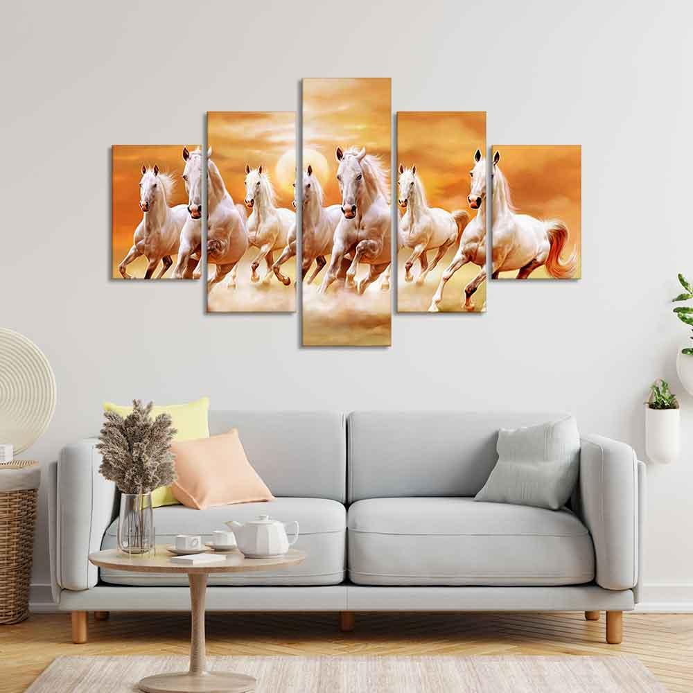 Seven White Running Horses Modern Design Wall Art Canvas Print Panel Wall Painting - 5 Frames - Decor Smart