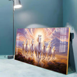 Seven White Running Horses Premium Acrylic Floating Wall Painting - Decor Smart