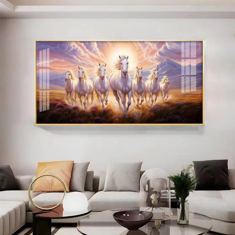 Seven White Running Horses Premium Acrylic Floating Wall Painting - Decor Smart