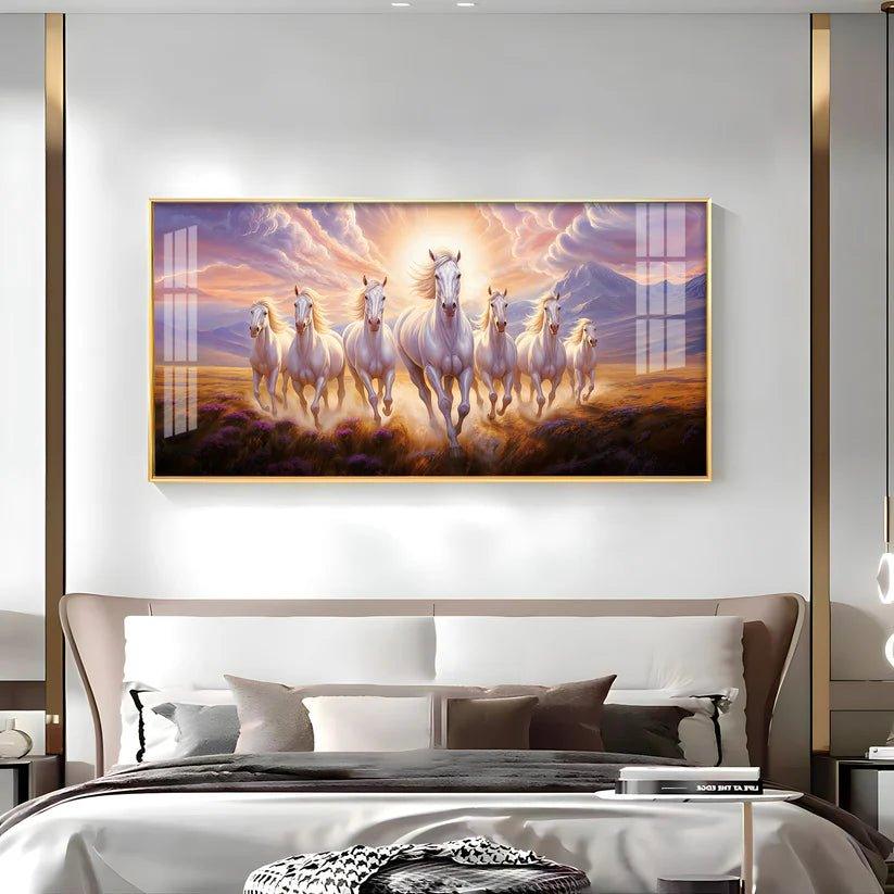 Seven White Running Horses Premium Acrylic Floating Wall Painting - Decor Smart