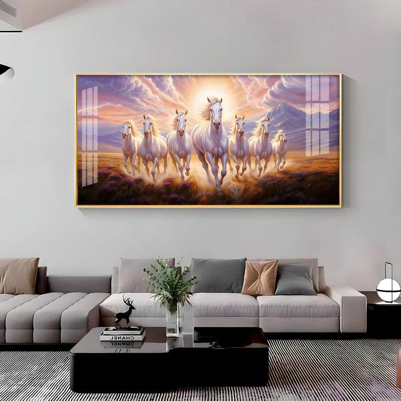 Seven White Running Horses Premium Acrylic Floating Wall Painting - Decor Smart