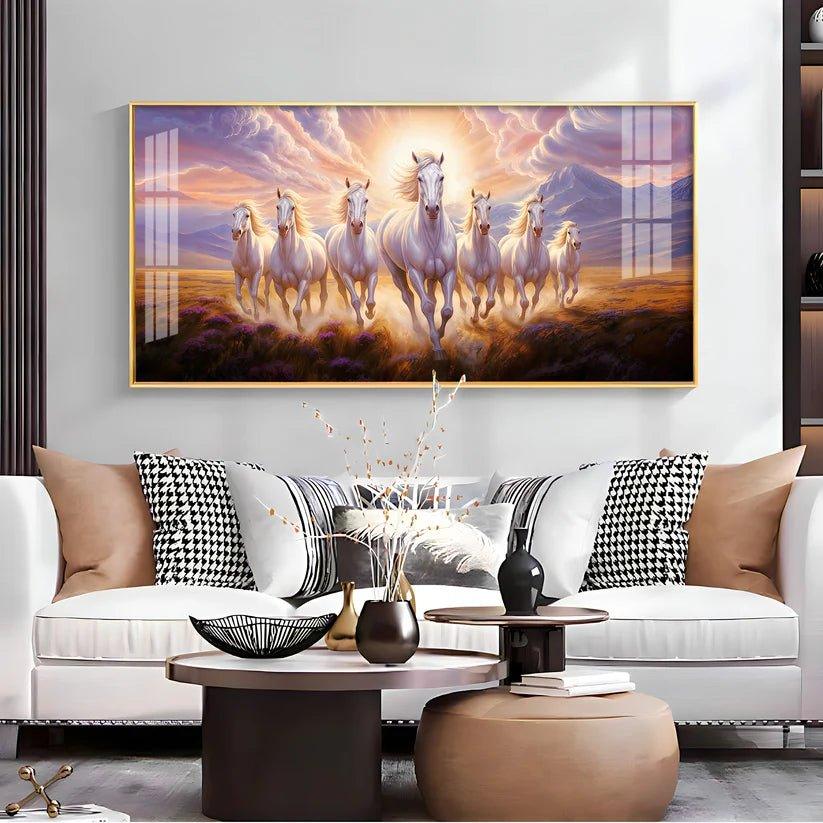 Seven White Running Horses Premium Acrylic Floating Wall Painting - Decor Smart