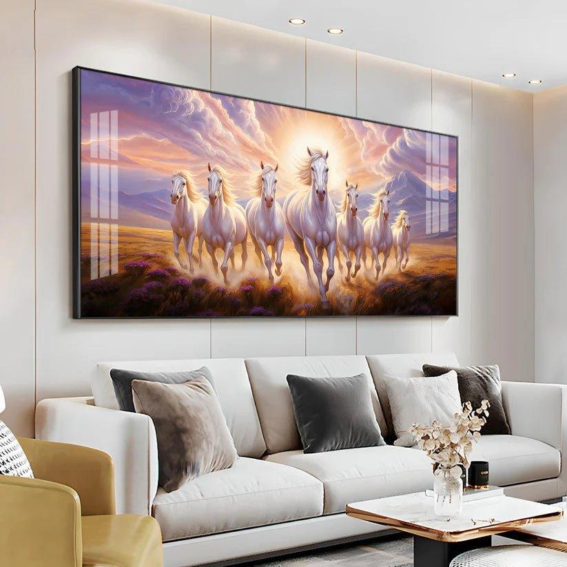 Seven White Running Horses Premium Acrylic Floating Wall Painting - Decor Smart
