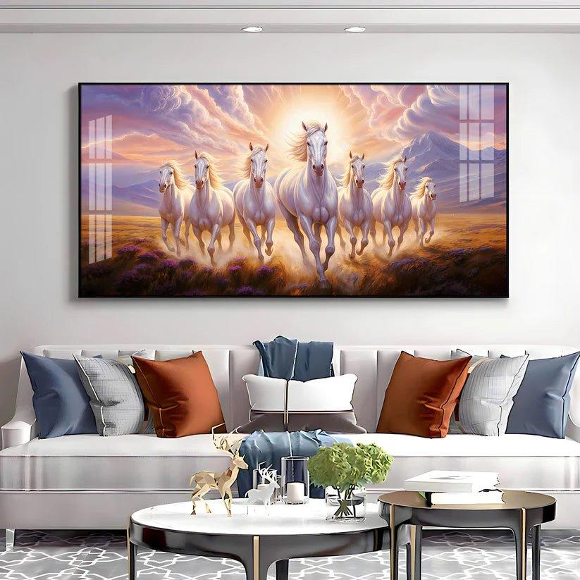 Seven White Running Horses Premium Acrylic Floating Wall Painting - Decor Smart