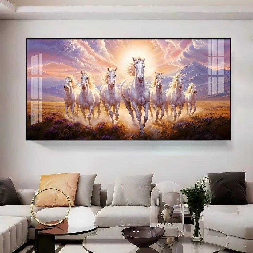 Seven White Running Horses Premium Acrylic Floating Wall Painting - Decor Smart