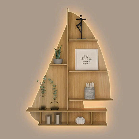 Ship Backlit Designer Wooden Wall Shelf / Book Shelf / Night Light, Oak Finish - Decor Smart