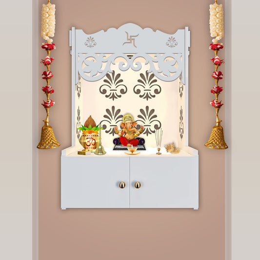 Shubh Labh Symbol of Hindu Religious White Wooden Wall Temple for Home With Inbuilt focus Lights & Spacious Shelf - Decor Smart