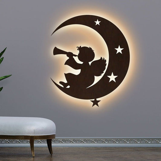 Silhouette Angel Backlit Wooden Wall Hanging with LED Night Light Walnut Finish - Decor Smart