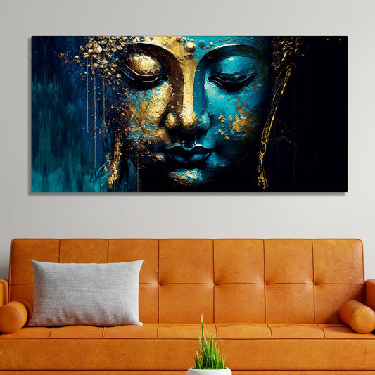 Spiritual Lord Budha Face in Golden Canvas Touch Wall Painting – Decor Smart