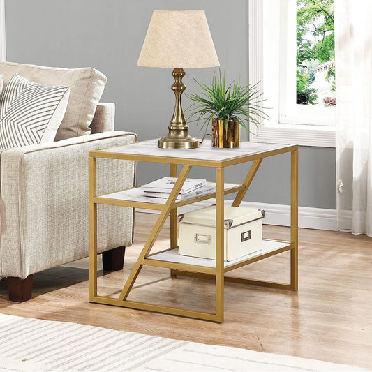Square Shape Stylish Artistic Side Table with Golden Metal Finish - Decor Smart