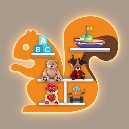 Squirrel Shape Wooden Wall Shelf LED Light Wall Shelf for Kids - Decor Smart