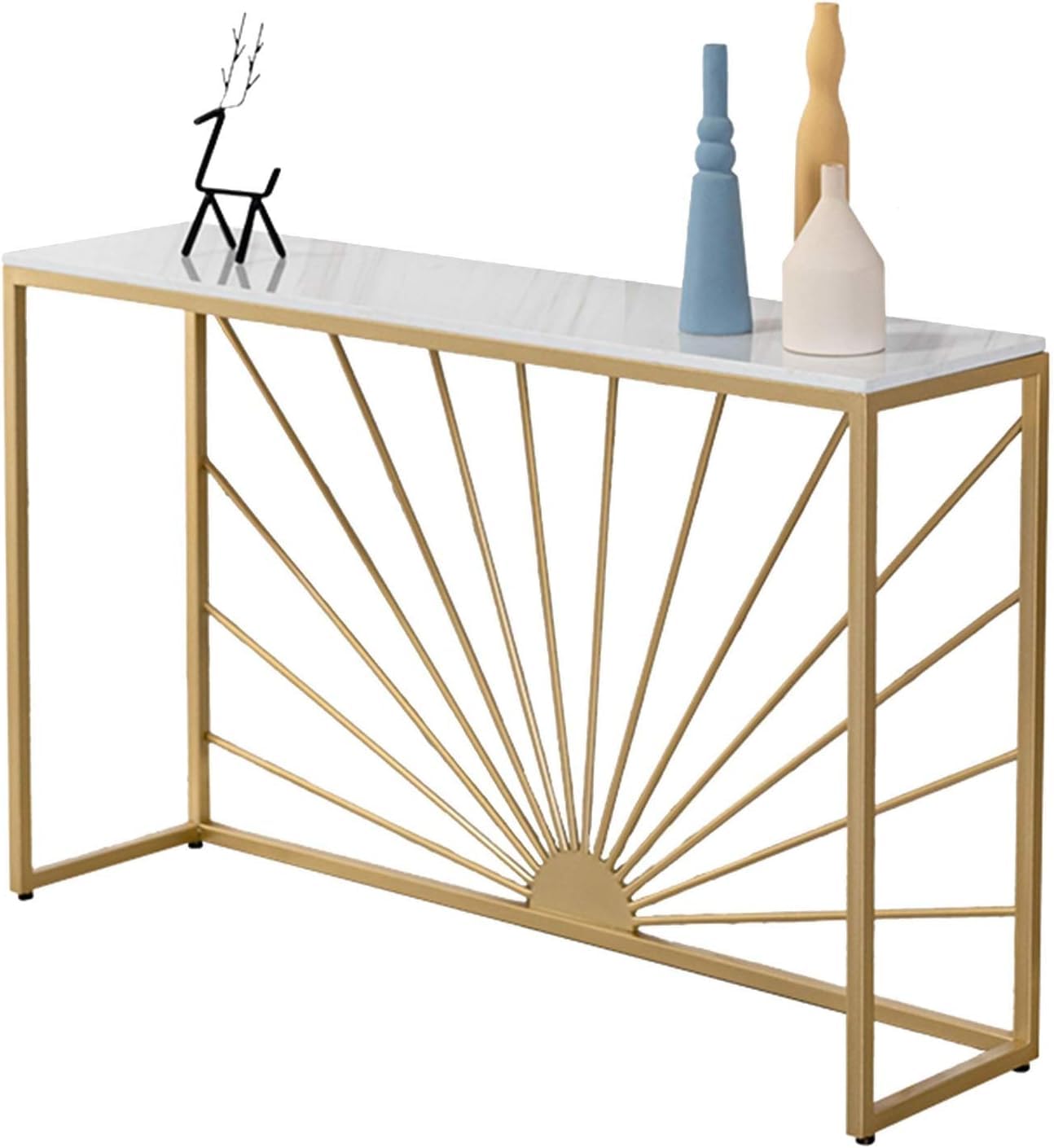 Sun Ray Pattern Designer White Marble Golden Console Table - Decor Smart